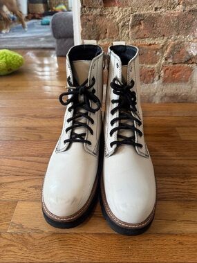 Women’s White Leather Lace-Up Combat Boots with Black Laces